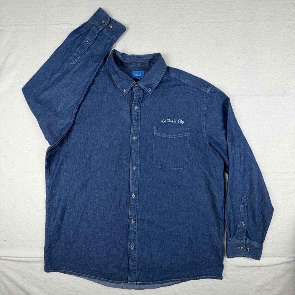 Port & Company Mens 2XL Blue Denim Button Down Shirt La Verkin City Embroidered - Picture 2 of 7